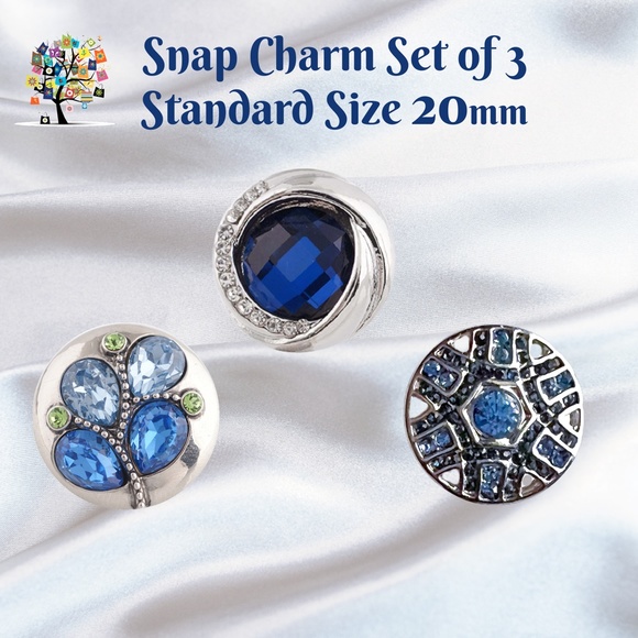 Dragonfly Spirit Designs Jewelry - Snap Charm Colorful Blue Crystals Set of 3 Standard Size 20mm 3/4" Diameter